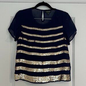 TOPSHOP Military Inspired Sheer Shell Top Blouse Navy Gold Sequins 4th July US 4